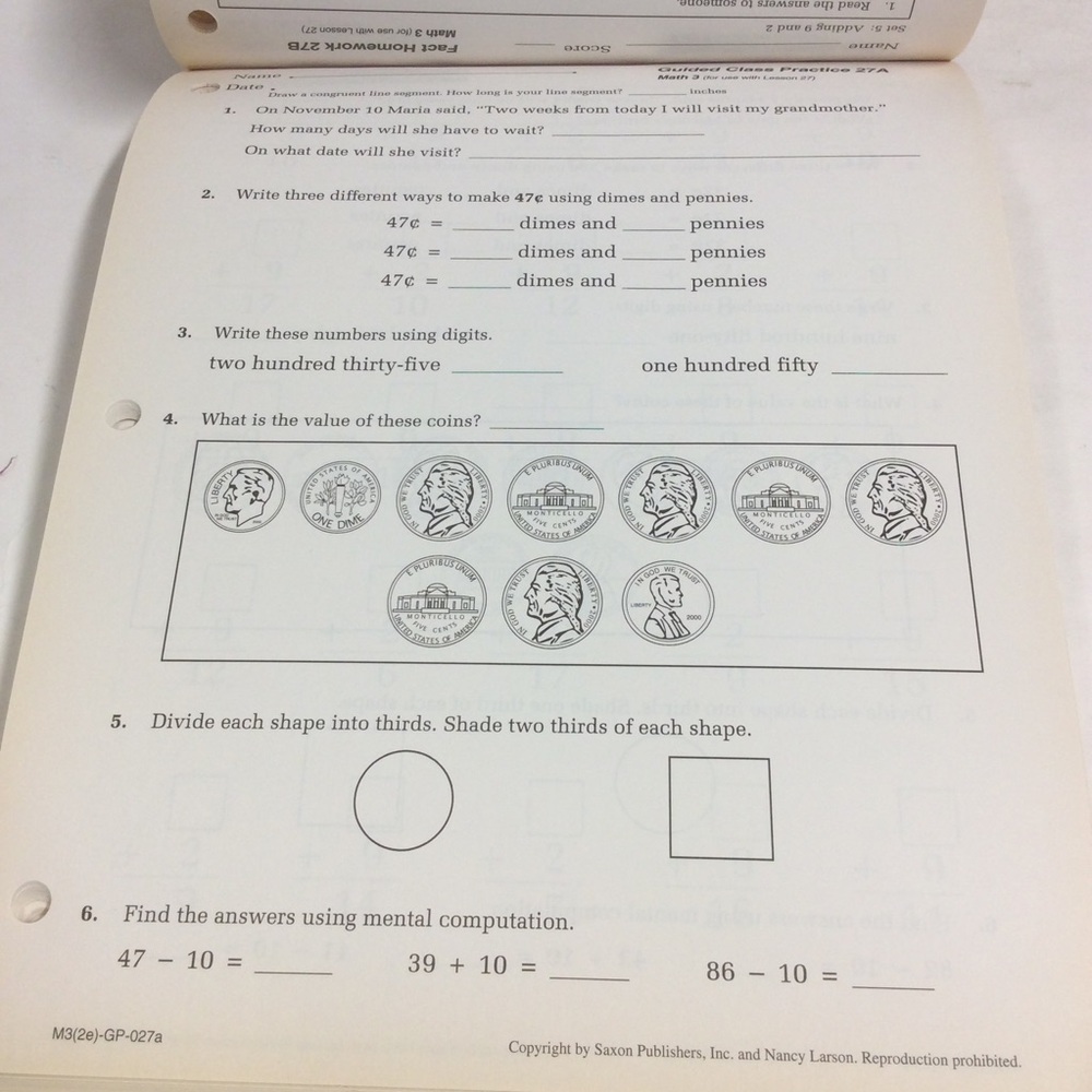 Saxon Math 3 Student Workbook Part 1 - Picture 8 of 13